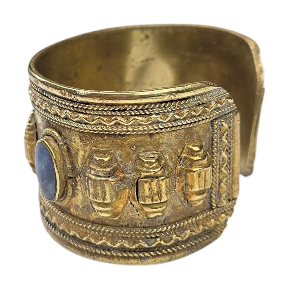 Afghan Peshawar Lapis Lazuli Cuff Bracelet Gilt Brass Blue Ethnic Vintage ~6.5" - Picture 5 of 11